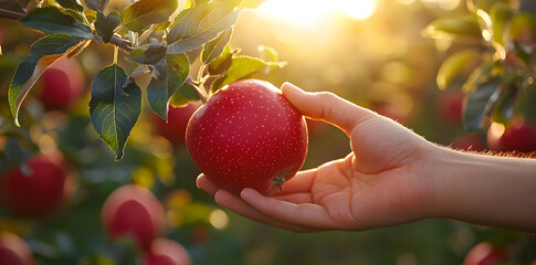 Close up hand picking ripe apple from farm orchard tree, fruit harvest scene symbolizing organic food, agriculture, farming lifestyle, fresh produce, and healthy nutrition.