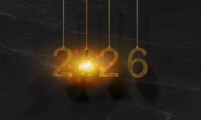 2026 happy new year idea lightbulb lamp flare 2026 golden orange yellow color business strategy planning 2026 beginning progress future 2026 business time leadership development technology vision goal