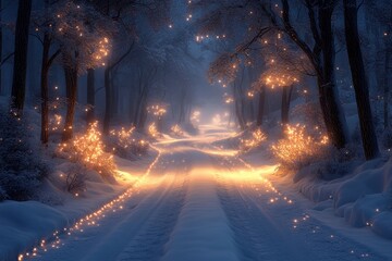Snowy road with shining lights.