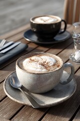 Cozy coffee break at a cafe: a moment of indulgence on a wooden table top