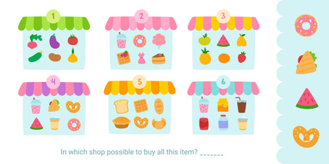 Supermarket mini game for kids. Cartoon food market game with cute food.