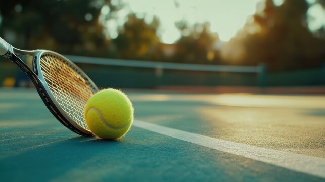 Close-up of tennis ball and racquet on court with serene sunlight backdrop