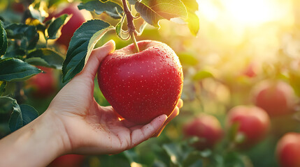 Close up of human hand harvesting ripe red apple from tree branch in orchard, fresh organic fruit picking scene symbolizing farming, agriculture, healthy food, and autumn harvest season.