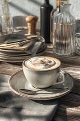 Warm cappuccino indulgence on a rustic wooden table setting in soft sunlight