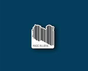 Bold “Made in Libya” barcode set within Libya’s silhouette — designed for packaging, import/export branding and travel-themed designs. High-res and print-ready.