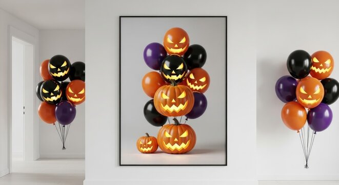 Spooky Halloween jack-o'-lantern balloons and pumpkins create a festive, glowing party atmosphere