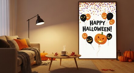 Cozy living room with festive Halloween decor, warm lighting, and a steaming cup of coffee