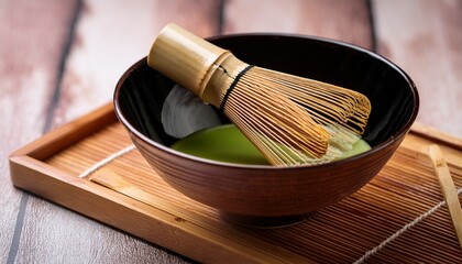 Matcha Tea Is Prepared With A Bamboo Whisk Called Chasen On A Wooden Tray