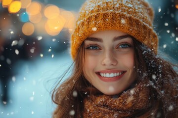 Woman smiles in yellow hat and scarf covered in snow.