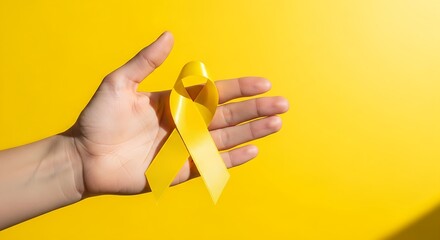 Fototapeta premium Human Hand Holding a Yellow Awareness Ribbon on Vibrant Yellow