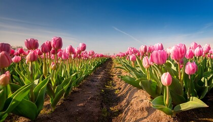Pink Flowering Tulip Bulbs At The Edge Of The Long Flower Beds Of A Specialized Dutch Bulb Nursery The Photo Was Taken On A Sunny Day At The Beginning Of The Spring Season