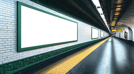 Large empty billboard inside underground Paris metro station, France, blank illuminated advertising panel with copy space for posters, promotions, announcements, and commercial marketing campaigns.