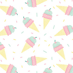 Summer seamless pattern with hand drawn ice cream. Modern Sweet pink texture for fabric, textile, wallpaper. Vector illustration