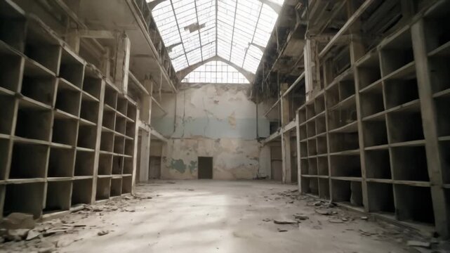 Abandoned Industrial Warehouse Hallway with Empty Storage Shelves