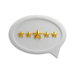 User feedback with five star rating. White speech bubble with five star icon. 3d icon illustration isolated on transparent background, PNG. Concept of online feedbac 