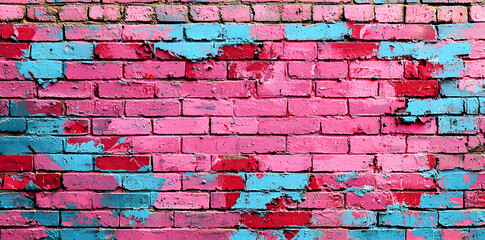 Fototapeta premium Detailed graffiti composition in pink hues on cracked brick wall, colorful urban abstract background showcasing modern street art aesthetics.