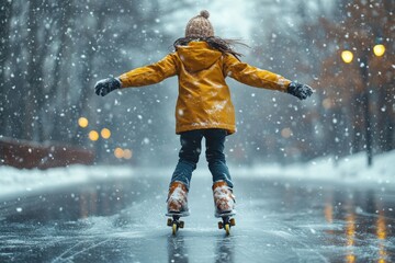 Young girl skating on frozen pond in winter.