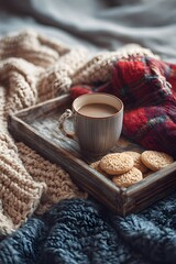 Cozy morning coffee and cookies scene on a bed with warm blankets