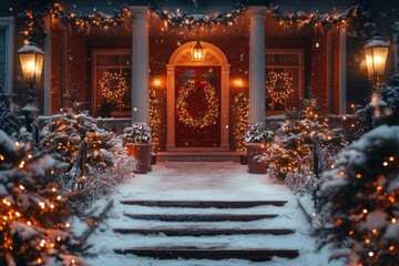 House adorned with Christmas lights and garlands.