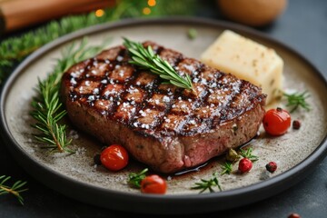 Juicy steak garnished with rosemary and garlic on a plate.