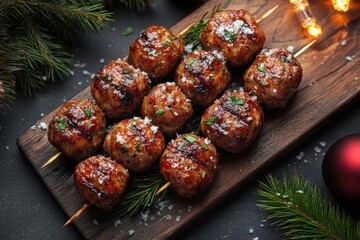 Meat skewers on a wooden board with Christmas decorations.