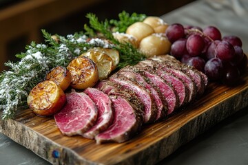 Meat and vegetables on wooden cutting board.