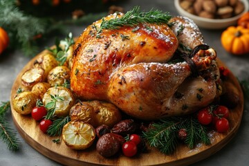 Roasted turkey on a wooden platter with vegetables and herbs.