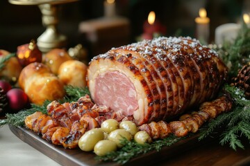 Ham surrounded by mini hams and olives on wooden platter.