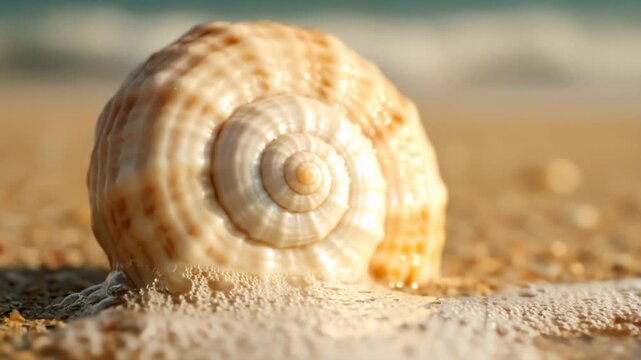 Gentle ocean wave washes over a captivating spiral shell