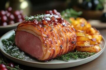 Plate with meat and potatoes.