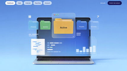Laptop displaying a user interface with folders and data charts on a blue gradient background design concept