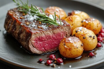 Steak with potatoes and rosemary on plate.
