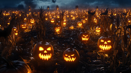 Field Full Of Haunted Pumpkins For Halloween