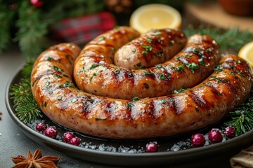 Plate of sausages garnished with herbs and spices.