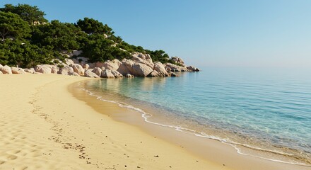 Serene view of a pristine sandy beach with crystal clear turquoise water and a rocky coastline on a sunny day