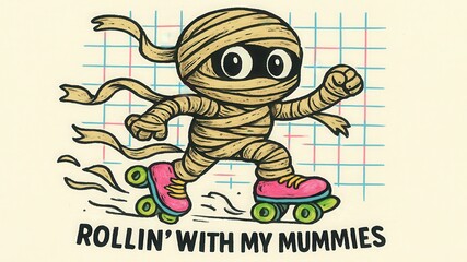 Fototapeta premium Fun Cartoon Mummy Roller Skating with Bold Rollin With My Mummies Text Design for Halloween Celebrations and Playful Designs