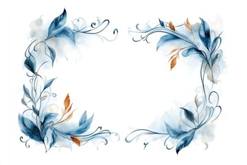 Elegant blue floral corner design with watercolor leaves and swirls on white background