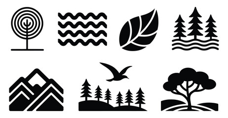 Nature Icons Collection – Black and White Symbols of Trees, Leaves, Water, Mountains, Forest, and Bird for Eco, Outdoor, or Landscape Design