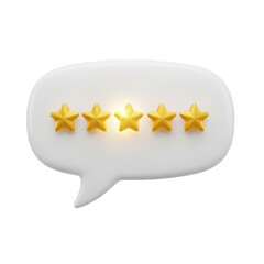 User feedback with five star rating. White speech bubble with five star icon. 3d icon illustration isolated on transparent background, PNG. Concept of online feedbac 