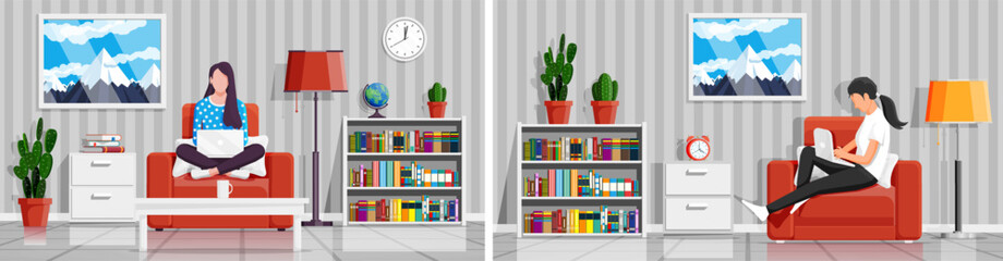 Obraz premium Woman relaxing and working from home. Freelancer girl using laptop and reading book. Remote work and education.