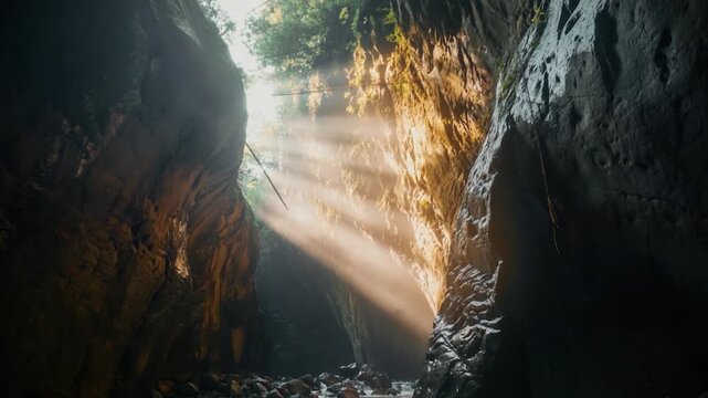 Golden sunlight rays shining through canyon rocks into a cave with flowing rive