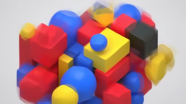 Abstract 3D Shapes Animation with Red Blue Yellow Cubes and Spheres.