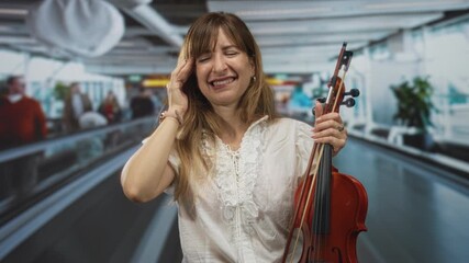 Woman holding violin and bow, hand to temple for headache in airport terminal with moving walkway behind her; travel stress. - Powered by Adobe