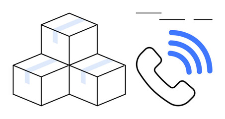 Three stacked delivery boxes and a phone receiver with blue signal waves emphasize logistics, delivery, transportation, communication, connectivity, customer service, and supply chain in a simple