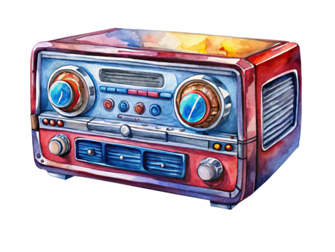 Watercolor illustration of vintage radio with dials and tuning elements