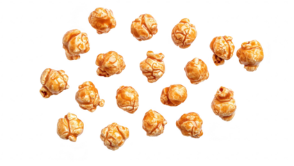 A close-up view of caramel popcorn pieces scattered on a clean. white background. their shiny texture and intricate shapes. ideal for food-related content or snack promotions