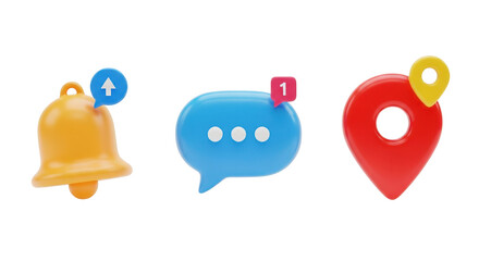 3D notification bell chat bubble and map pin icons isolated on a transparent background symbol