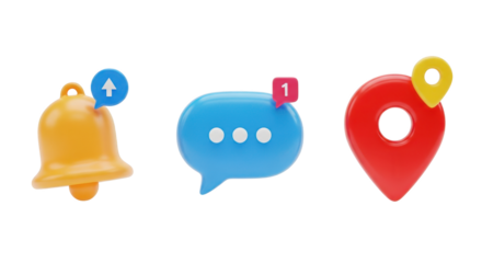 3D notification bell chat bubble and map pin icons isolated on a transparent background symbol