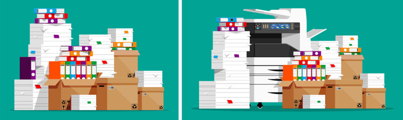 Office work with paper document. Stack of paper files and folders in box. Bureaucracy and paperwork concept.