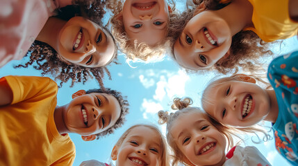 A bunch of cheerful, joyful children playing together and having fun - a group portrait of happy kids huddling, looking down at the camera from a low angle, symbolizing friendship.